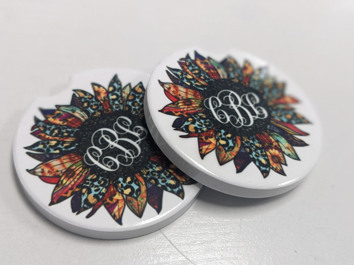 Customized Monogram Sunflower Ceramic Car Coasters