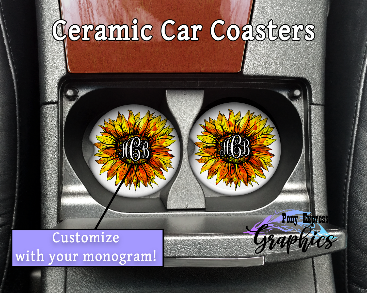 Customized Monogram Sunflower Ceramic Car Coasters
