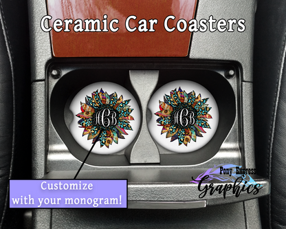 Customized Monogram Sunflower Ceramic Car Coasters