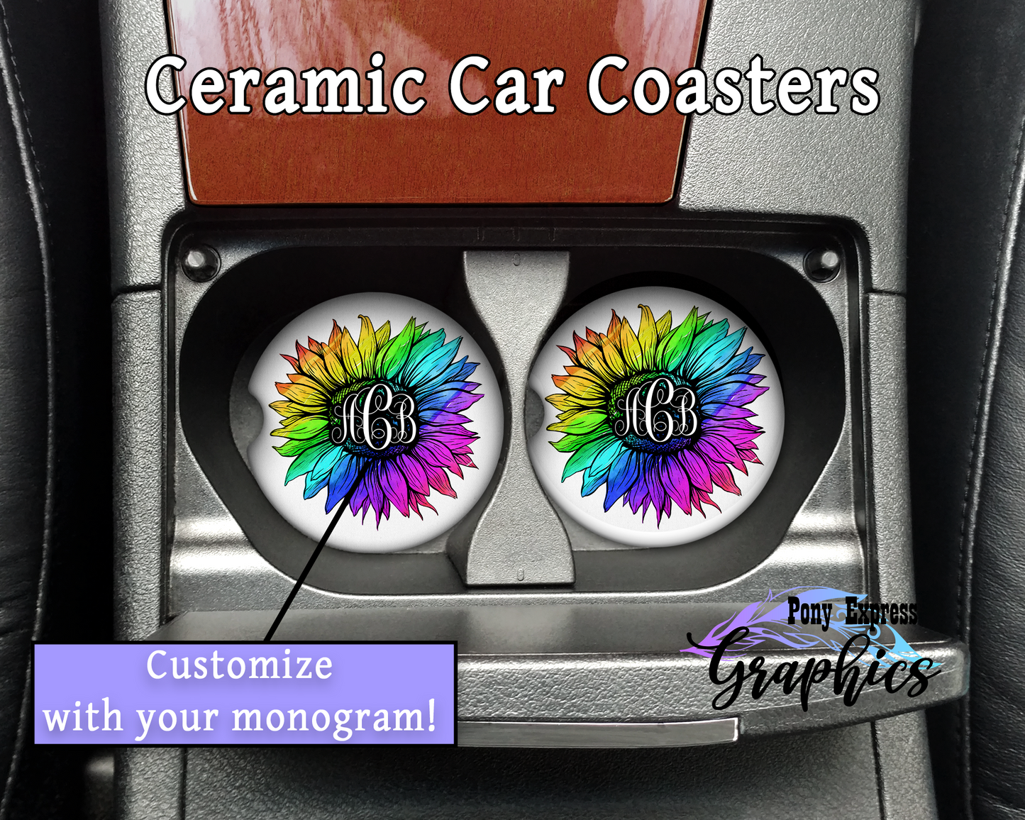 Customized Monogram Sunflower Ceramic Car Coasters